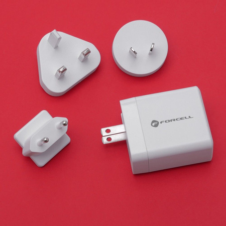 FORCELL F-ENERGY TFK-TC-45WPDAC ładowarka sieciowa 3w1 Typ C + USB A PD QC4.0 3A 45W z wymiennymi wtyczkami (EU / UK / US) biała