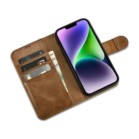iCarer Oil Wax Wallet Case 2in1 Hülle iPhone 14 Leder Flip Cover Anti-RFID braun (WMI14220721-TN)