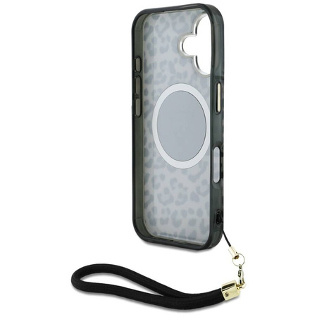 Oryginalne Etui IPHONE 16 Guess HC IML Leopard Triangle Cord Strap czarne