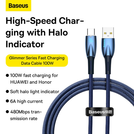 USB cable for USB-C Baseus Glimmer Series, 100W, 1m (Blue)