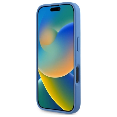 Etui Guess Hardcase Leather 4G Triangle Strass MagSafe na iPhone 16 - niebieskie