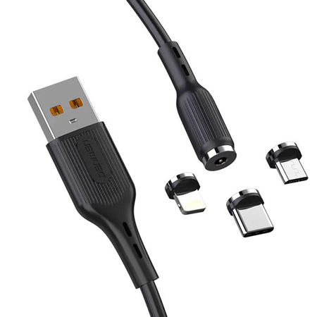 DENMEN KABEL USB 3W1 DENMEN CZARNY D18 MAGNETYCZNY MICRO TYP-C IPHONE 2,4A  1M