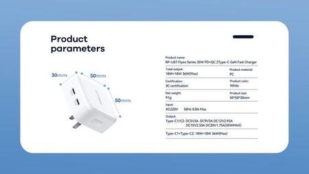 ŁAD SIEC REMAX FIYEO SERIES 35W RP-U87 2xUSB-C PD QC WHITE