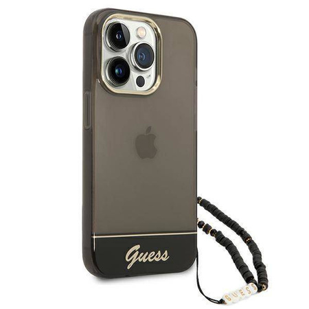 Original Handyhülle IPHONE 14 PRO MAX Guess Hardcase Translucent Pearl Strap schwarz