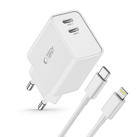Ładowarka Sieciowa 2x USB-C PD 35W + Kabel USB-C - Lightning biała