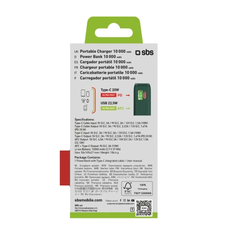 Powerbank SBS 10000 mAh 20W mit integriertem USB-C-Kabel und Digitalanzeige - grün