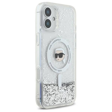 Original Handyhülle IPHONE 16 Karl Lagerfeld Hardcase Liquid Glitter Karl Head MagSafe (KLHMP16SLGKISGH) transparent