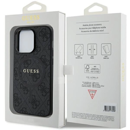 Guess 4G Collection MagSafe-Hülle aus Leder und Metalllogo für iPhone 14 Pro Max – Schwarz