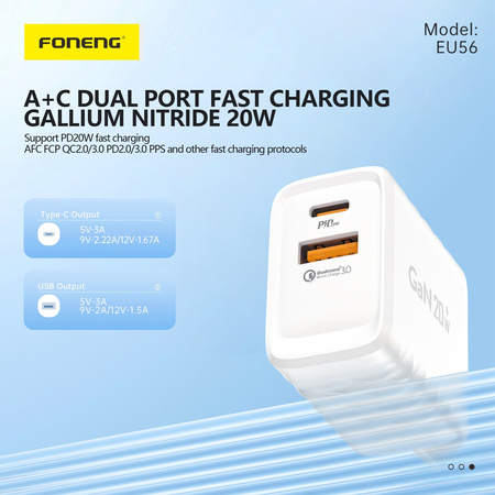 Foneng Ładowarka sieciowa EU56 GaN - USB + Typ C - QC 3.0 PD 20W biała