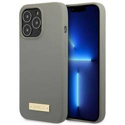 Original Handyhülle IPHONE 13 PRO Guess Hard Case Silicone Logo Plate MagSafe (GUHMP13LSPLG) grau