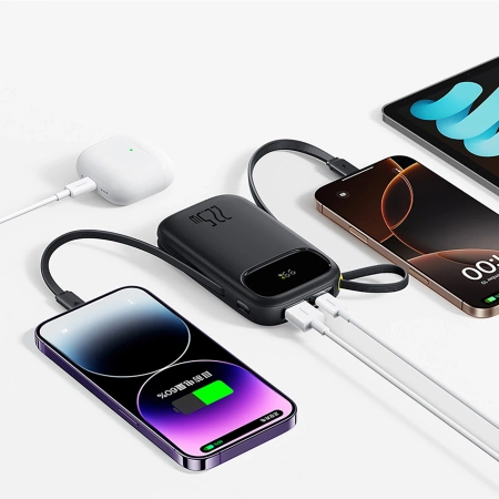 Baseus EnerFill FC31 20000 mAh 22,5 W Powerbank mit Digitalanzeige und 2 integrierten Kabeln (USB-C + Lightning) - Schwarz