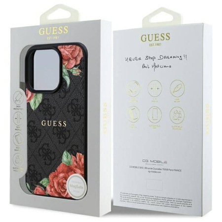 Original Handyhülle IPHONE 16 PRO Guess Hardcase 4G Flowers Print MagSafe (GUHMP16LP4ROPEMCK) schwarz