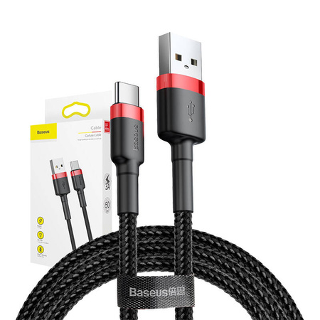 Nylonowy kabel przewód USB TYP C 3A 0.5M Szybkie Ładowanie Quick Charge 3.0 czerwono-czarny Baseus CATKLF-A91