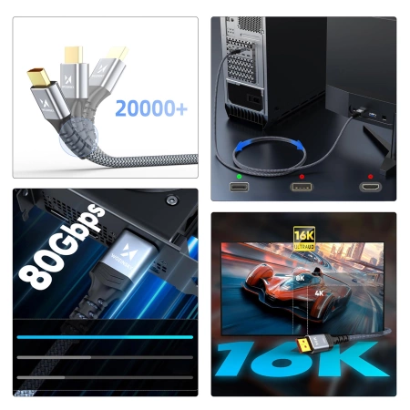 Wozinsky WPS-16AYL1S DisplayPort 2.1 Cable VESA Certified 80 Gb/s 16K@60Hz 8K@120Hz 4K@240Hz HDR HDCP DSC 1m - Black