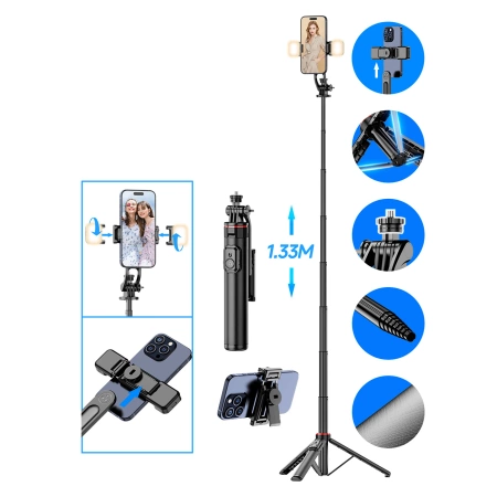 Selfie Stick WC12YDS Teleskopstativ 1,3 m aus Aluminiumlegierung mit Dual-Licht und Telefonhalter – Schwarz