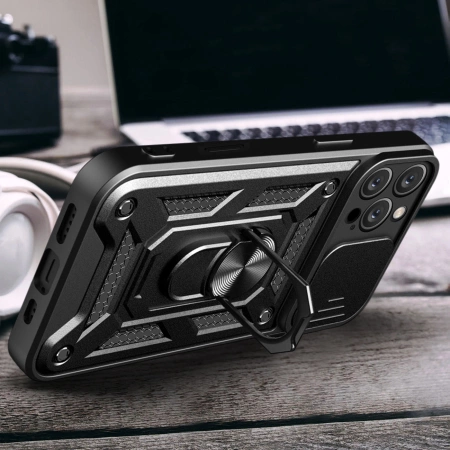 Hybrid Armor Camshield Panzerhülle für iPhone 16 Pro Max mit Kameraabdeckung und Ständer – Schwarz