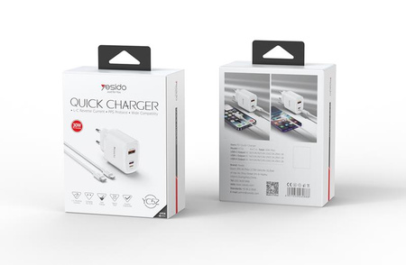 Yesido ładowarka sieciowa YC52 PD 30W QC USB-A+C +iP + Kabel 27W Type-C - Lightning 1m, WHITE / BIAŁY