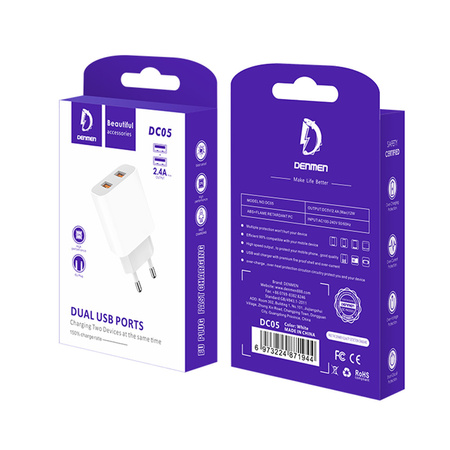 ŁADOWARKA SIECIOWA 2.4A BIAŁA DENMEN 2XUSB 2400mA DC05 12W SINGLE