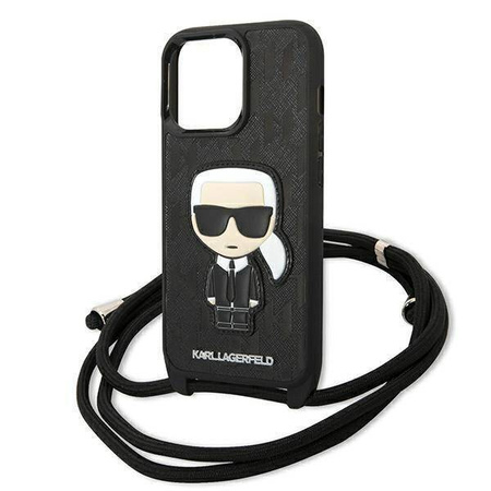 Original Case IPHONE 13 PRO Karl Lagerfeld Hardcase Leather Monogram Patch And Cord Iconik (KLHCP13LCMNIPK) black