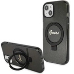 Guess Ring Stand Script Glitter MagSafe Hülle für iPhone 15 Plus / 14 Plus – Schwarz