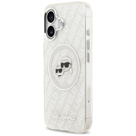 Karl Lagerfeld nakładka Magsafe IML glitter case metal camera frame and buttons Karl and Choupette heads on KL repeated logo do iPhone 17 szara