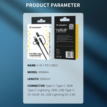 Wozinsky WNBAA 4in1 Kabel 2x USB-C 1x USB-A 1x Lightning 60W 1 m - Schwarz