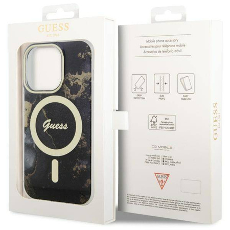 Guess, GUHMP14XHTMRSK iPhone 14 Pro Max 6,7&quot; schwarz/schwarzes Hardcase Golden Marble MagSafe