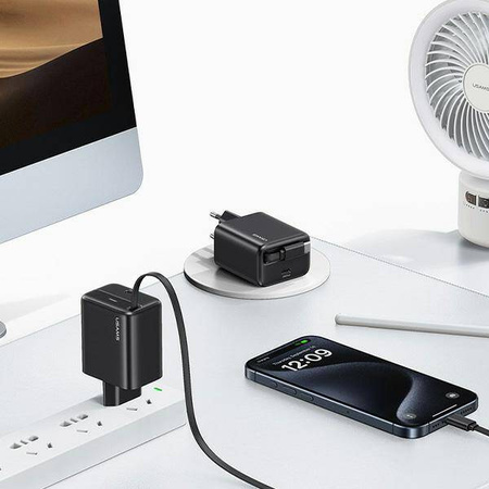 USAMS Ład. siec. 1xUSB-C ze zwijanym kablem USB-C Retractable PD+QC 20W Gan Fast Charging czarny/black YC Series CC233TC01 (US-CC233)