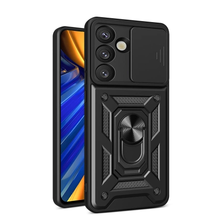 Hybrid Armor Camshield Case mit Ständer und Kameraabdeckung für Oppo F29 5G / A5 5G - Schwarz