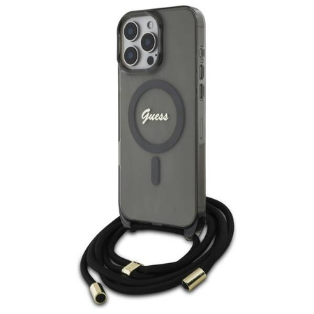 Original Handyhülle IPHONE 16 PRO MAX Guess Hardcase Crossbody Cord Script MagSafe (GUHMP16XHCTSGNSK) schwarz