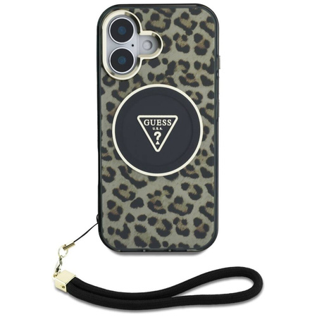 Oryginalne Etui IPHONE 16 Guess HC IML Leopard Triangle Cord Strap brązowe