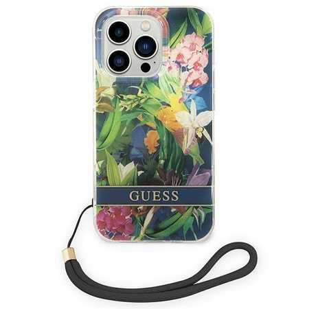 Oryginalne Etui IPHONE 14 PRO Guess Hardcase Flower Strap (GUOHCP14LHFLSB) niebieskie