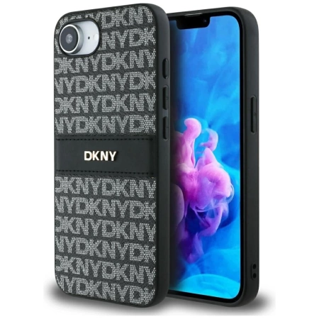 DKNY Repeat Texture Pattern with Tonal Stripe case for iPhone 16e - black