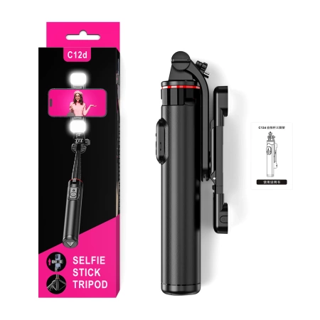 Selfie Stick WC12YDS Teleskopstativ 1,3 m aus Aluminiumlegierung mit Dual-Licht und Telefonhalter – Schwarz