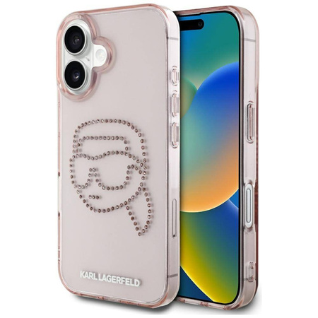Original Handyhülle IPHONE 16 Karl Lagerfeld Hardcase IML Rhinestones Karl Head rosa
