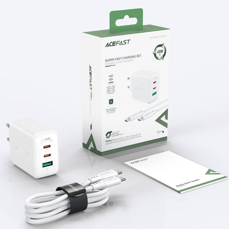 Acefast 2w1 ładowarka sieciowa 2x USB Typ C / USB 65W, PD, QC 3.0, AFC, FCP (zestaw z kablem) biały (A13 white)