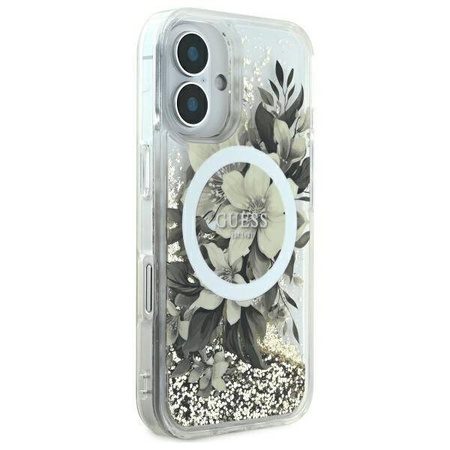 Original Handyhülle IPHONE 16 Guess Hardcase Liquid Glitter Flower MagSafe (GUHMP16SLFMWTE) beige