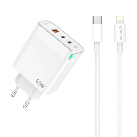 JELLICO ładowarka sieciowa C79 GaN PD 65W 2xUSB-C + 1xUSB QC3.0 + kabel USB-C - Lightning Biały