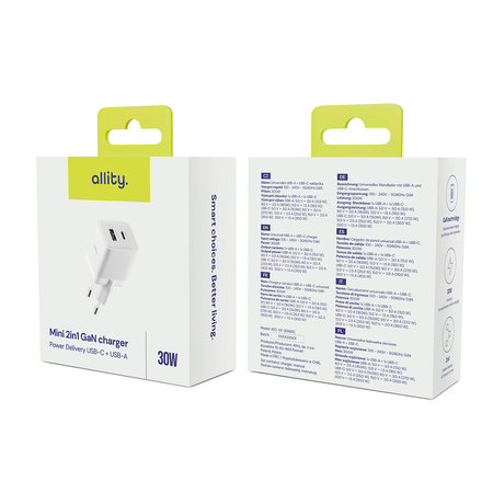 Allity ładowarka sieciowa GaN PD QC ATC-01-30WAC 1x USB-C 1x USB-A 30W biała