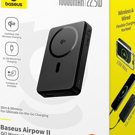 Baseus Powerbank magnetyczny Airpow ? Qi2 10000mAh 22.5W Czarny (z kablem ładującym Simple Series Type-C do Type-C (20V/3A) 30 cm)