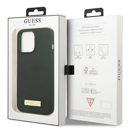 Oryginalne Etui IPHONE 13 PRO MAX Guess Hard Case Silicone Logo Plate MagSafe (GUHMP13XSPLA) zielone