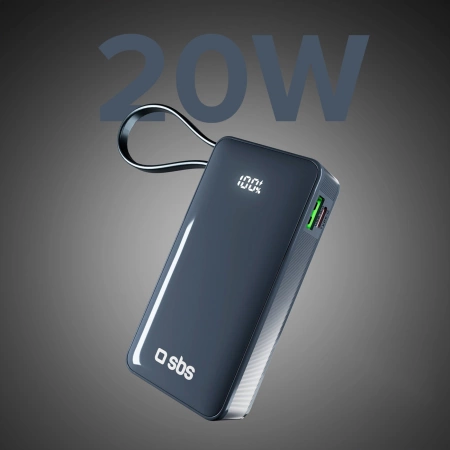 Powerbank SBS 10000 mAh 20W mit integriertem USB-C-Kabel und Digitalanzeige - dunkelgrau