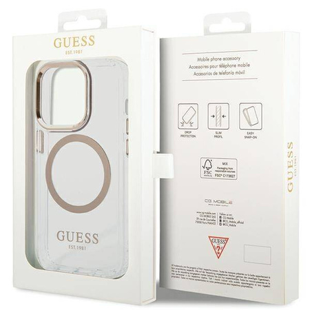 Original Case IPHONE 15 PRO MAX Guess Hard Case Metal Outline Magsafe gold