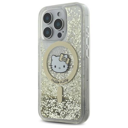 Original Handyhülle IPHONE 16 PRO Hello Kitty Hardcase Liquid Glitter Fever MagSafe (HKHMP16LLGDIH) Gold und Weiß