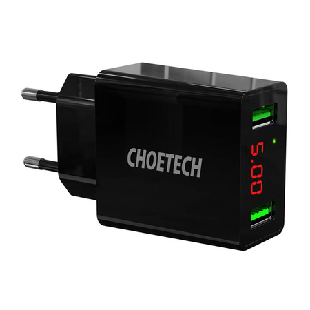 Choetech dual-port wall charger with digital display 11W 2 x USB-A EU plug black (C0028)