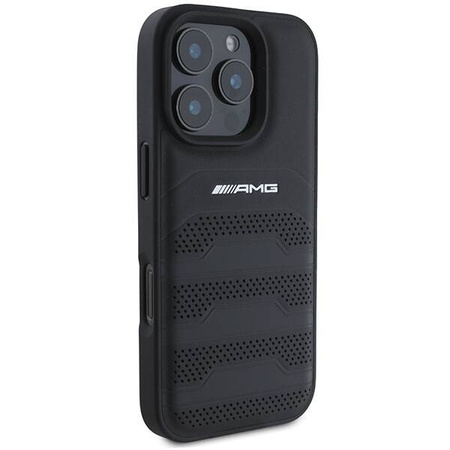 Original Handyhülle IPHONE 16 PRO MAX Mercedes AMG Hardcase Leather Debossed Lines Black Logo (AMHCP16XGSEBK) schwarz