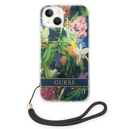 Oryginalne Etui IPHONE 14 Guess Hardcase Flower Strap (GUOHCP14SHFLSB) niebieskie