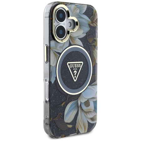 Case IPHONE 16 Guess Glitter Flowers Triangle Buttons MagSafe black