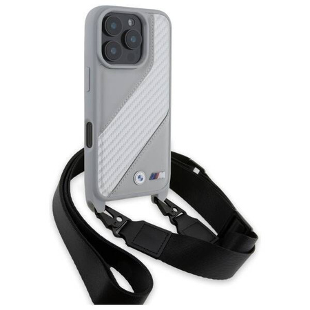Original Handyhülle IPHONE 16 PRO MAX BMW Hardcase M Edition Carbon Stripe & Strap (BMHCP16X23PSCCG) grau