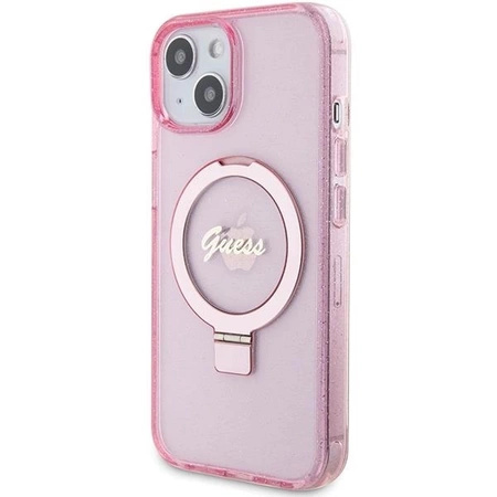 Guess Ring Stand Script Glitter MagSafe-Hülle für iPhone 15 – Rosa